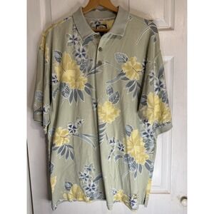 Tommy Bahama Polo Shirt Mens Size Large Hawaiian Floral Green Short Sleeve Relax